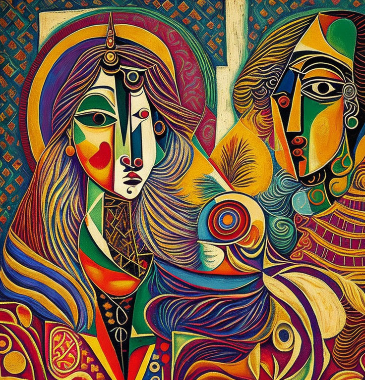 Colorful Cubist Painting Featuring Two Faces in Intricate Patterns