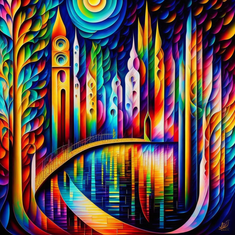 Colorful Abstract Painting of Stylized Landscape with Bridge and Building