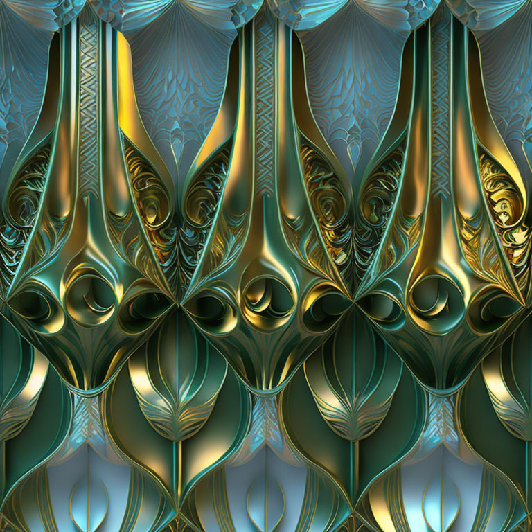 Symmetrical fractal pattern with golden and teal details