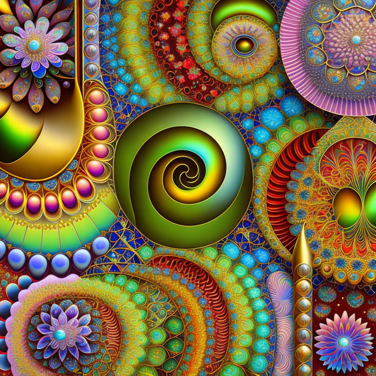 Colorful Fractal Art with Spirals and Floral Patterns