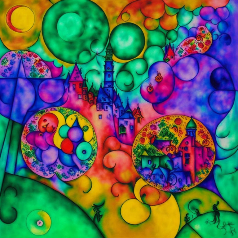 Colorful Abstract Painting with Bubbles and Castles in Dreamlike Landscape