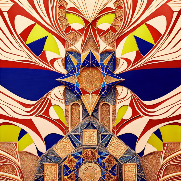 Symmetrical Abstract Pattern in Vibrant Reds, Blues, and Yellows