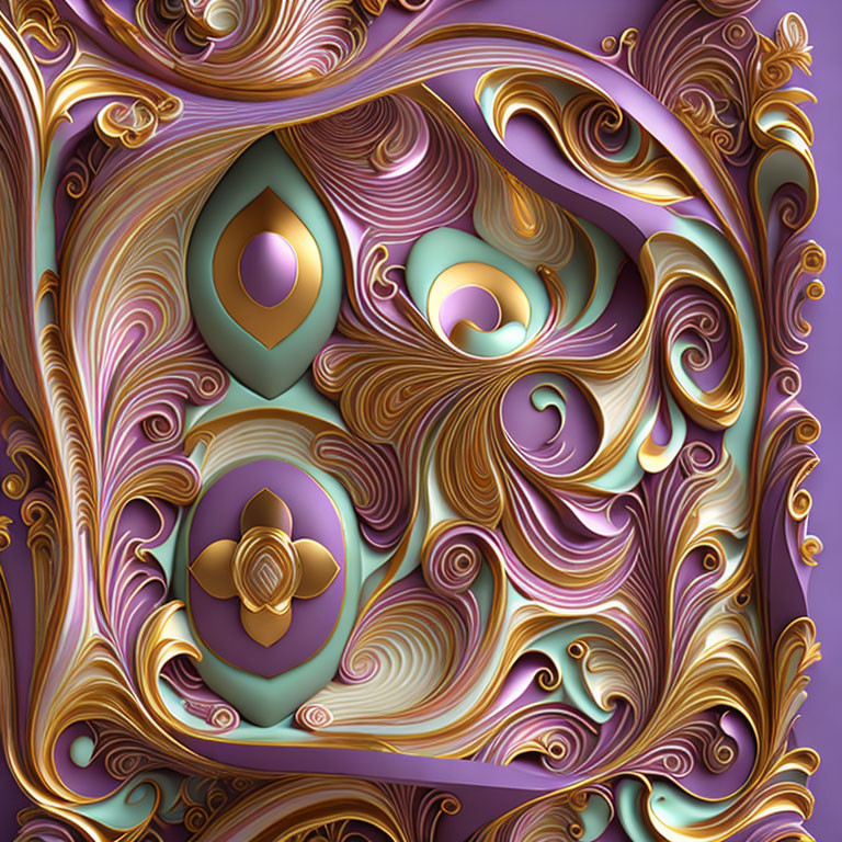 Abstract Purple, Gold, and Teal Swirling Design