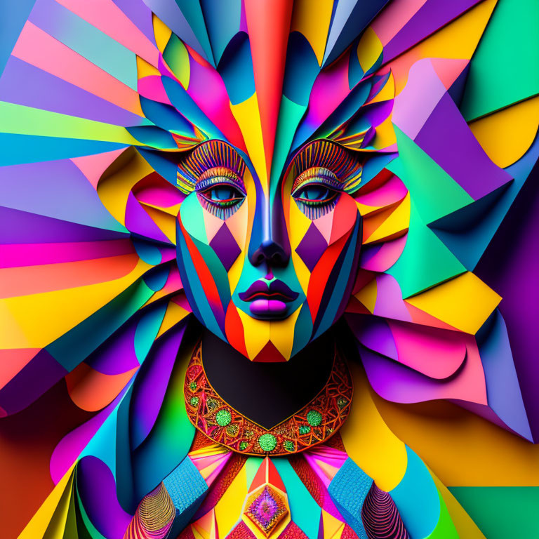 Vibrant geometric patterns on stylized face with colorful feathers