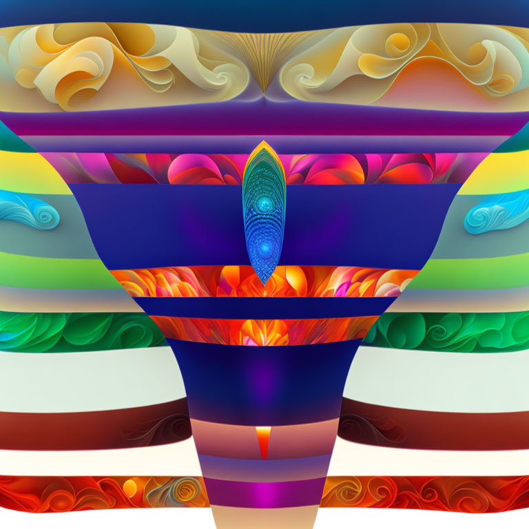 Symmetrical digital artwork with colorful feather and petal patterns converging towards central eye-like figure