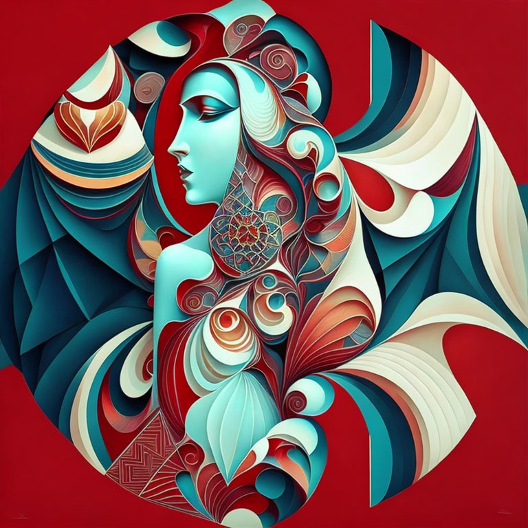 Abstract stylized woman with flowing hair in red and teal color palette, reminiscent of art nouveau.
