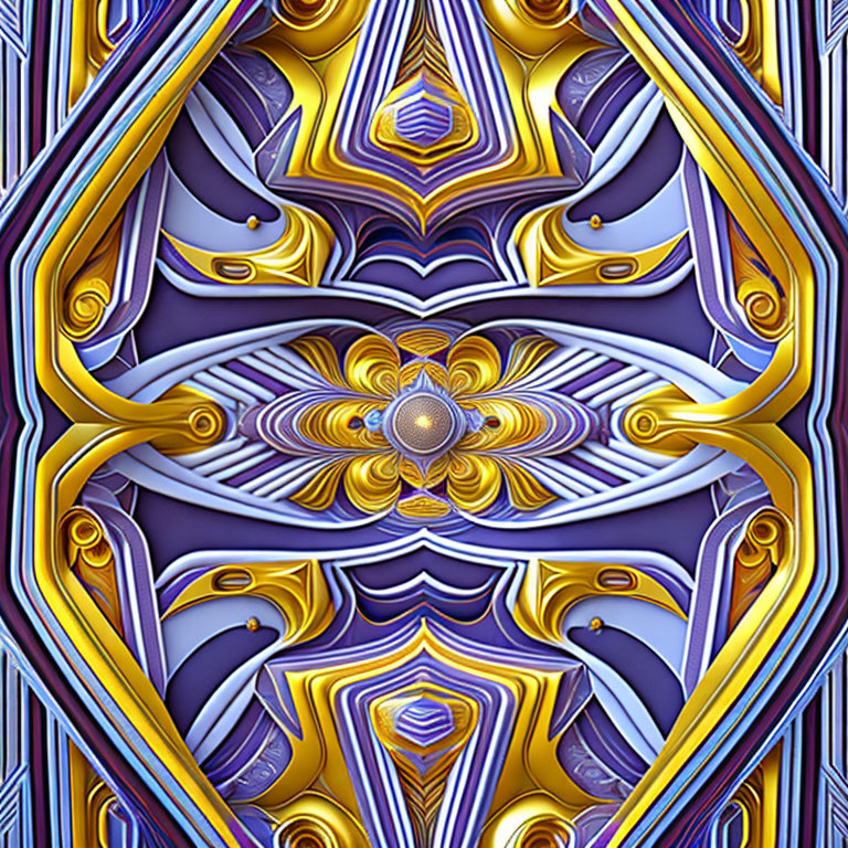 Symmetrical Digital Art: Purple, Gold, and Blue Mandala Design