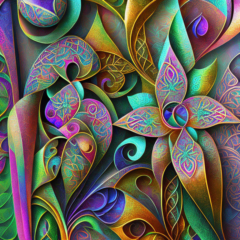 Colorful Abstract Art: Swirling Patterns in Iridescent Green, Blue, Purple, and Gold