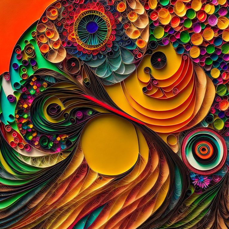 Colorful Abstract Art with Swirling Peacock Feather Patterns