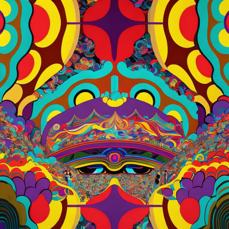 Colorful Psychedelic Pattern with Abstract Shapes and Stylized Face Theme
