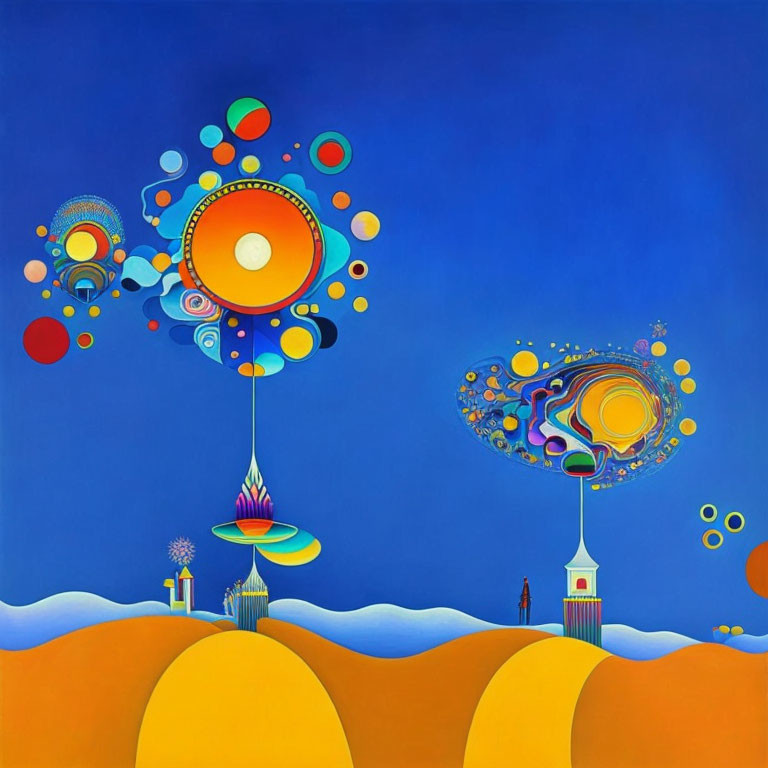 Vibrant abstract art: person, lighthouse on floating islands, blue sky, orange hills