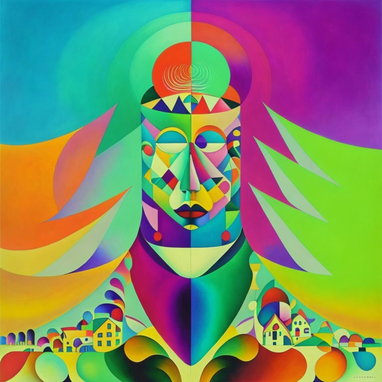 Abstract portrait with geometric shapes and symmetrical design in vibrant colors