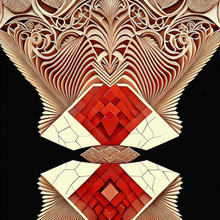 Symmetrical paper art: Geometric and floral design in red and cream