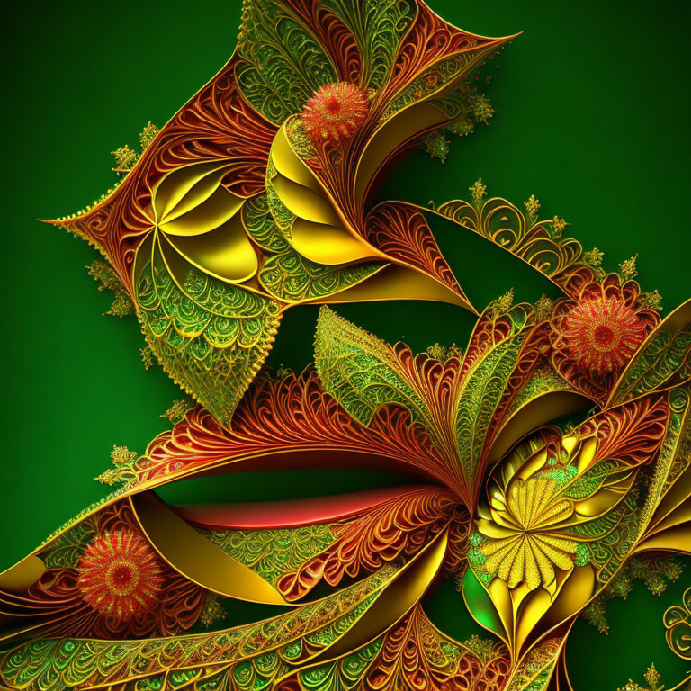 Elaborate gold and green fractal digital art with intricate floral motifs