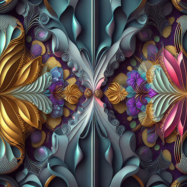 Symmetric fractal design with leaf-like patterns in gold, blue, and purple hues