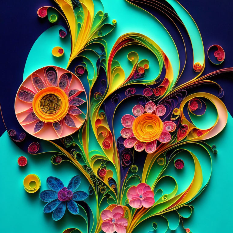 Colorful Quilled Floral Art on Teal Background