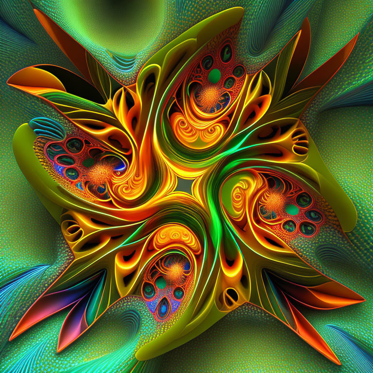 Colorful fractal image with swirling green, orange, and red patterns
