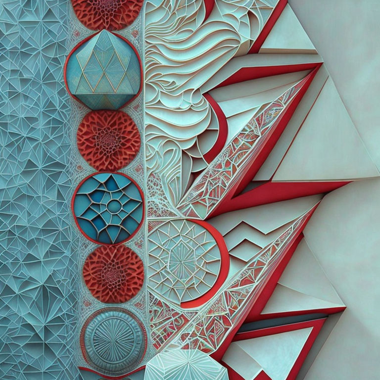 Intricate Red, White, and Turquoise Geometric and Organic Pattern