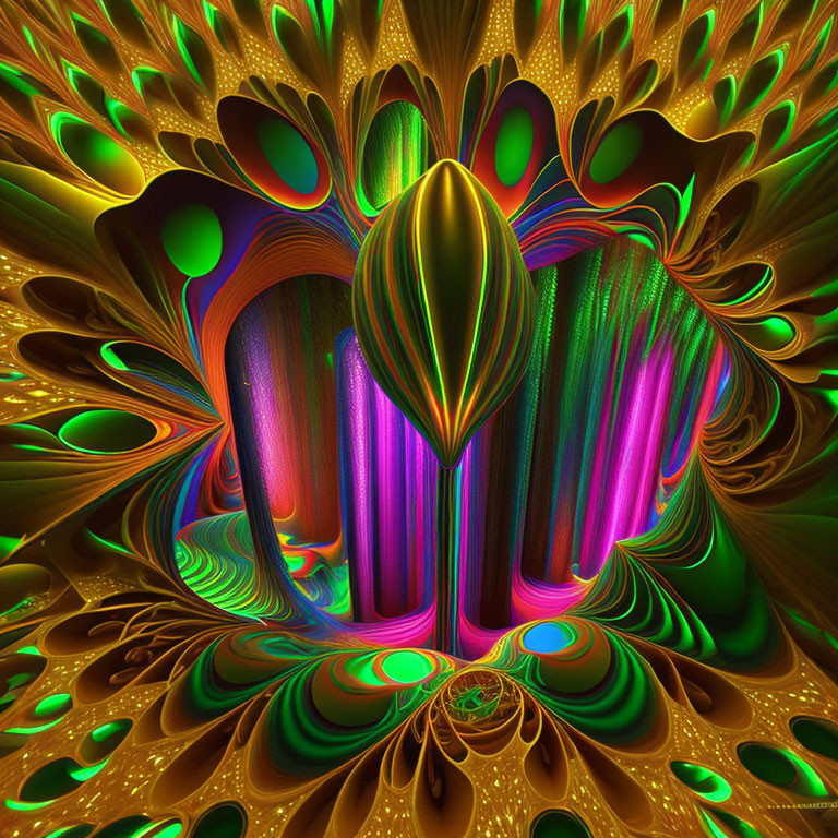 Colorful fractal art with psychedelic peacock-like patterns
