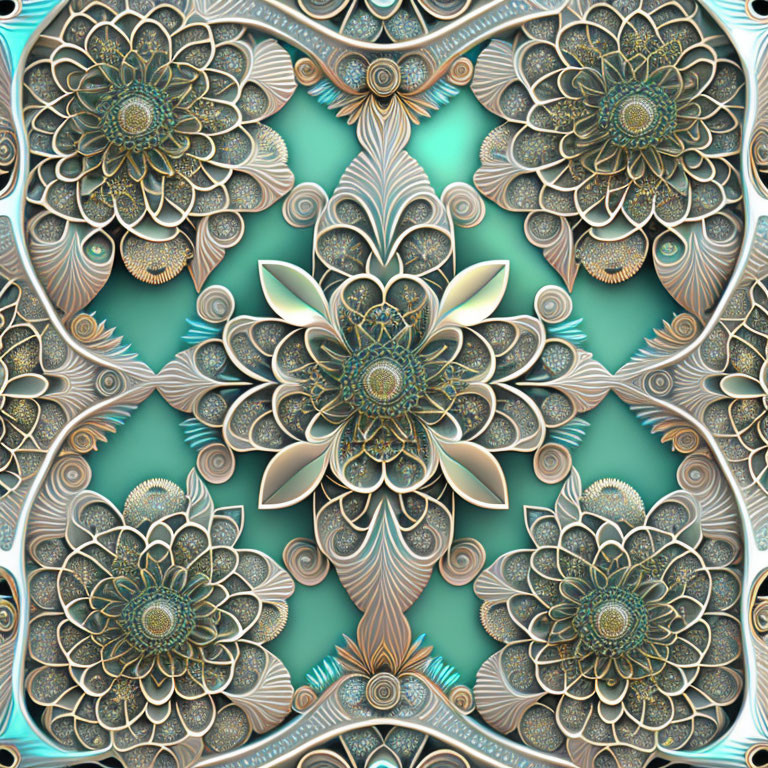 Symmetrical teal and bronze fractal design with floral patterns