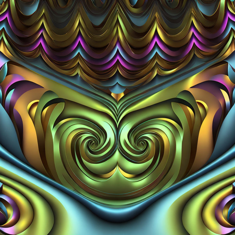 Symmetrical swirling fractal art in teal, gold, & purple