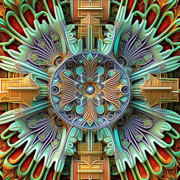 Symmetrical digital mandala with intricate geometric designs in gold, blue, and red