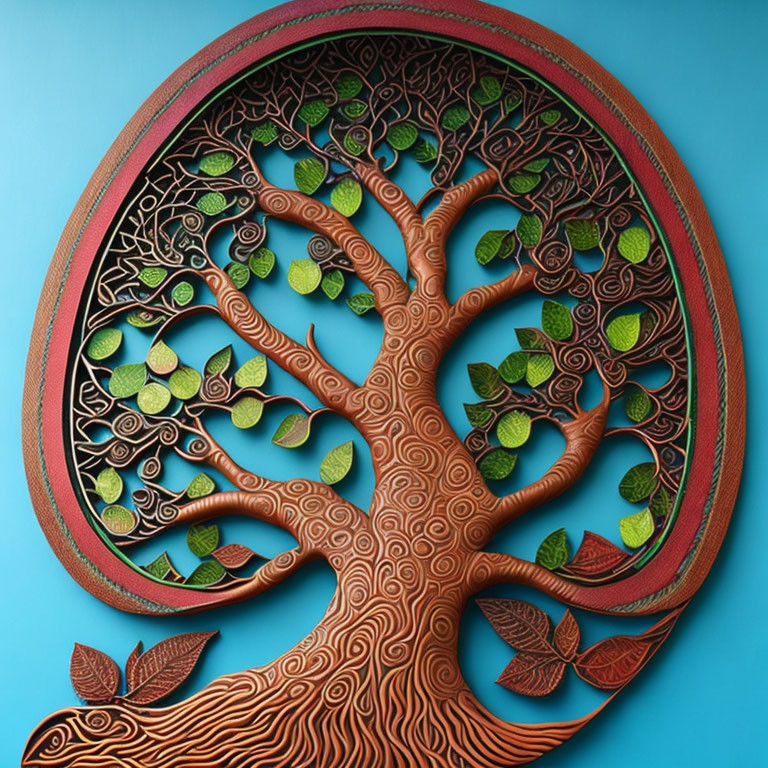 Wooden Tree Carving in Oval Frame on Turquoise Background