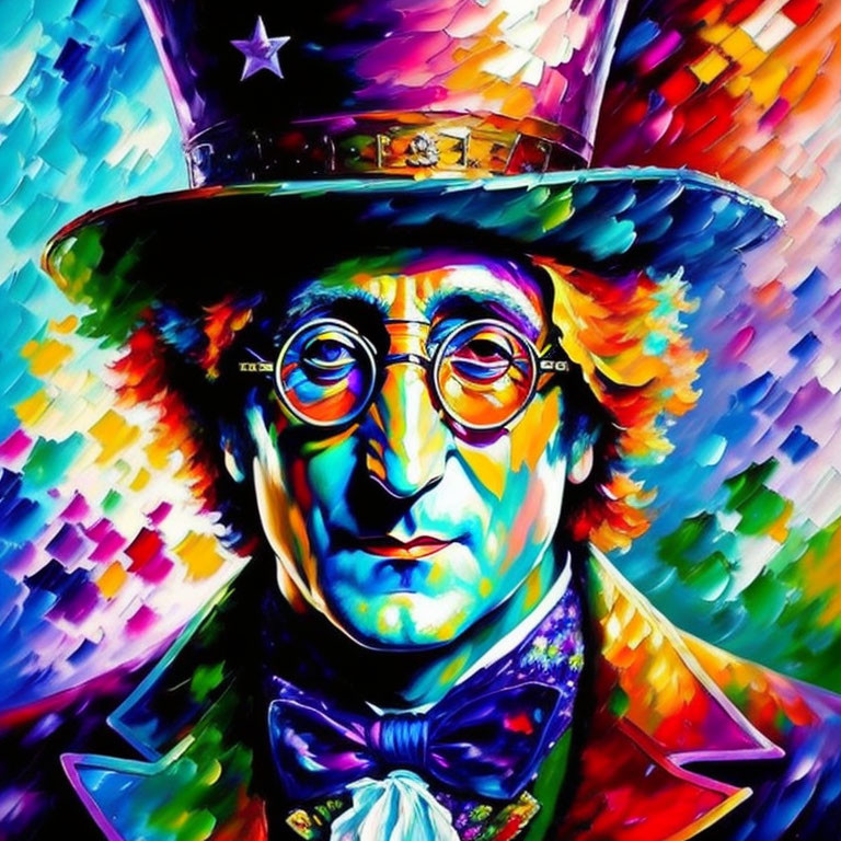 Colorful painting: Man with top hat and round spectacles, star on hat, multicolored