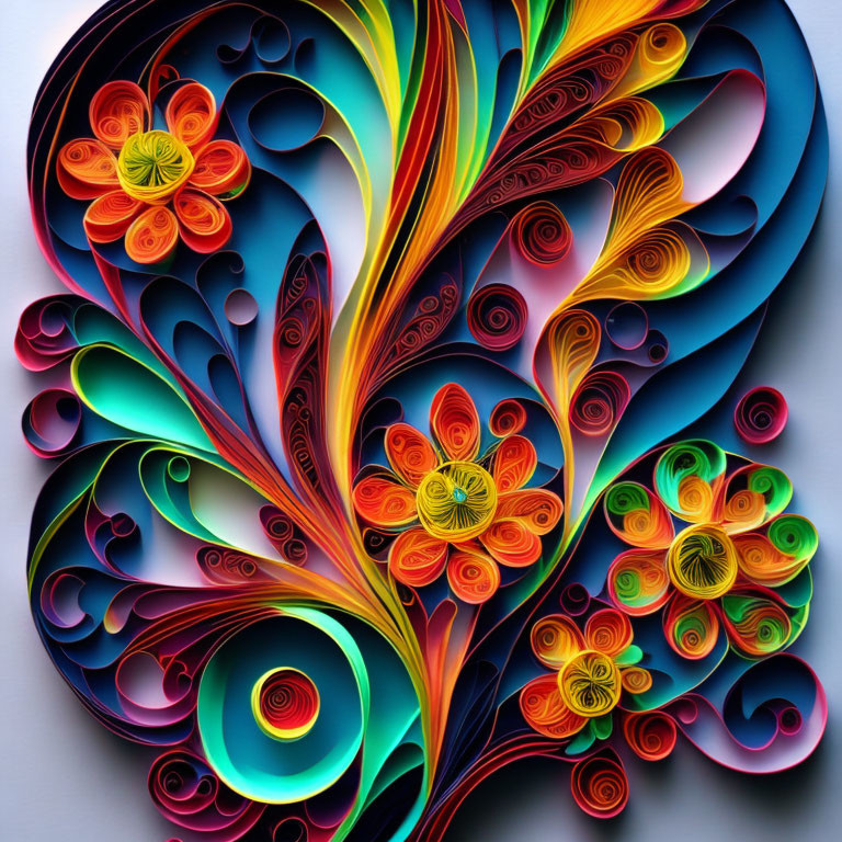 Colorful Paper Quilling Artwork with Swirls and Floral Designs