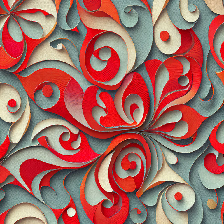 Abstract red, white, and teal swirling pattern with 3D effect