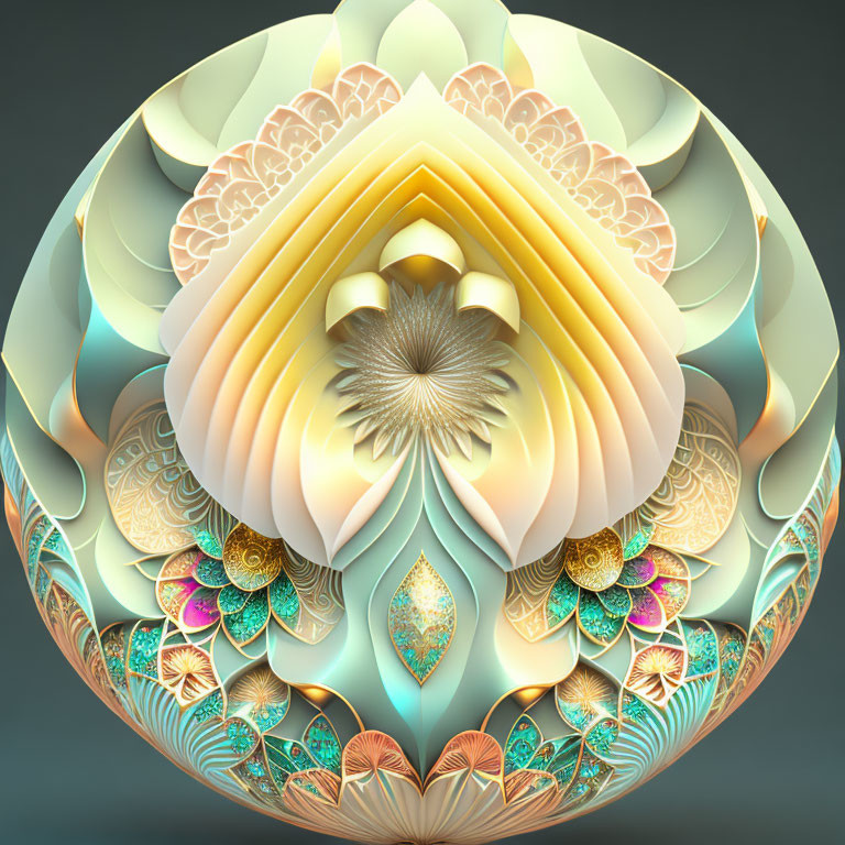 Symmetrical digital fractal art of blooming flower with warm colors