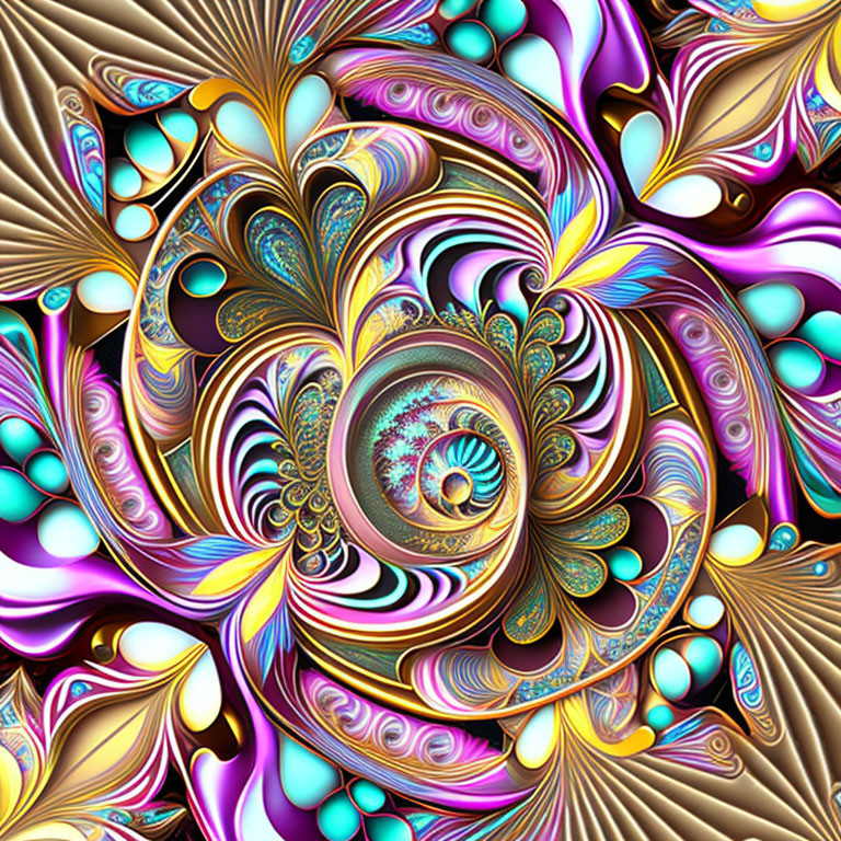Colorful Spiral Fractal Design with Gold, Purple, and Teal Patterns