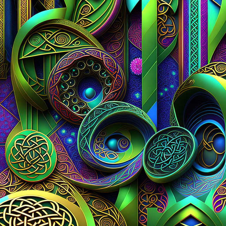 Colorful Celtic knot digital art with geometric shapes in gold, blues, and greens