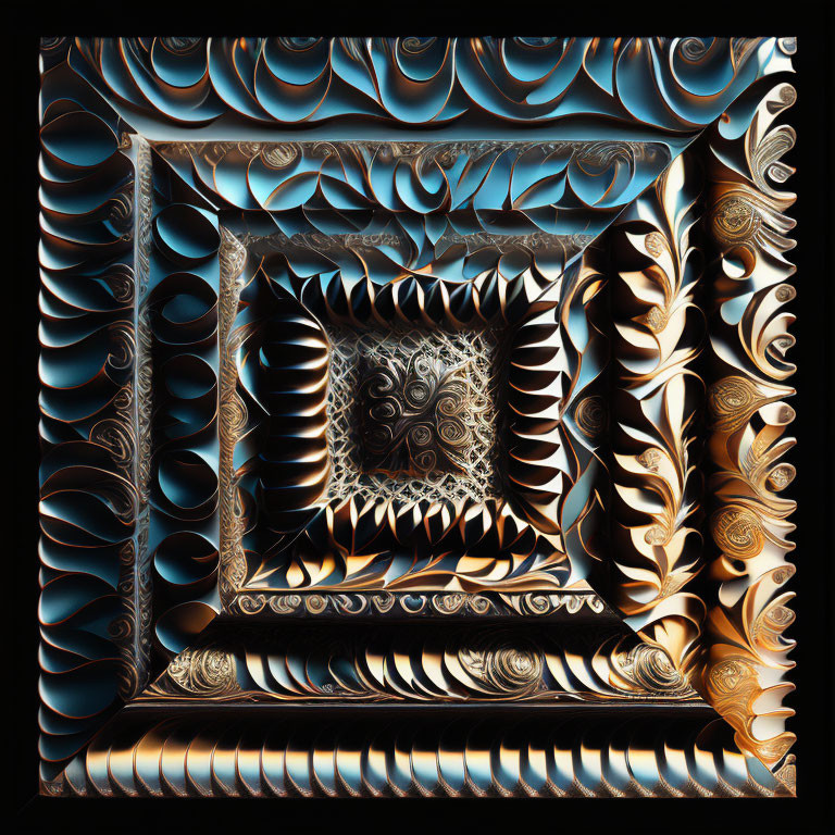 Abstract Fractal Image: Blue, Black, and Bronze Recursive Pattern