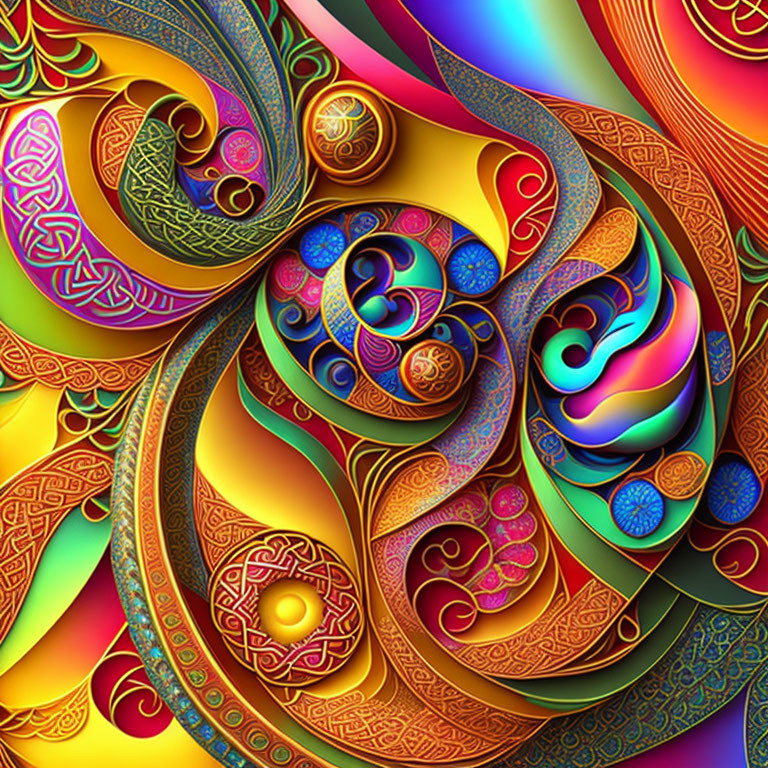 Colorful Abstract Digital Artwork with Swirls and Celtic Motifs