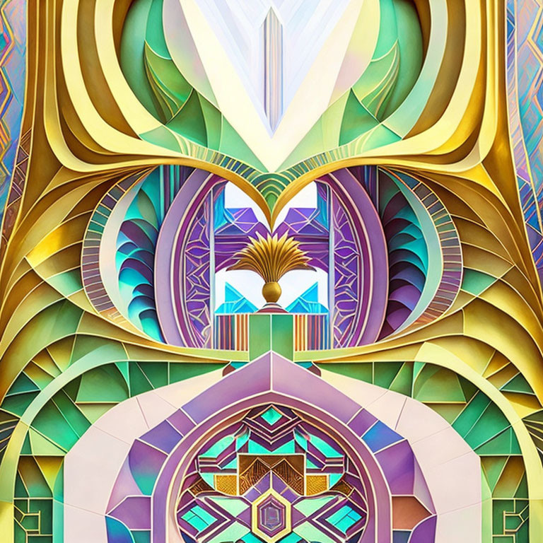 Symmetrical digital artwork with gold, purple, and turquoise hues