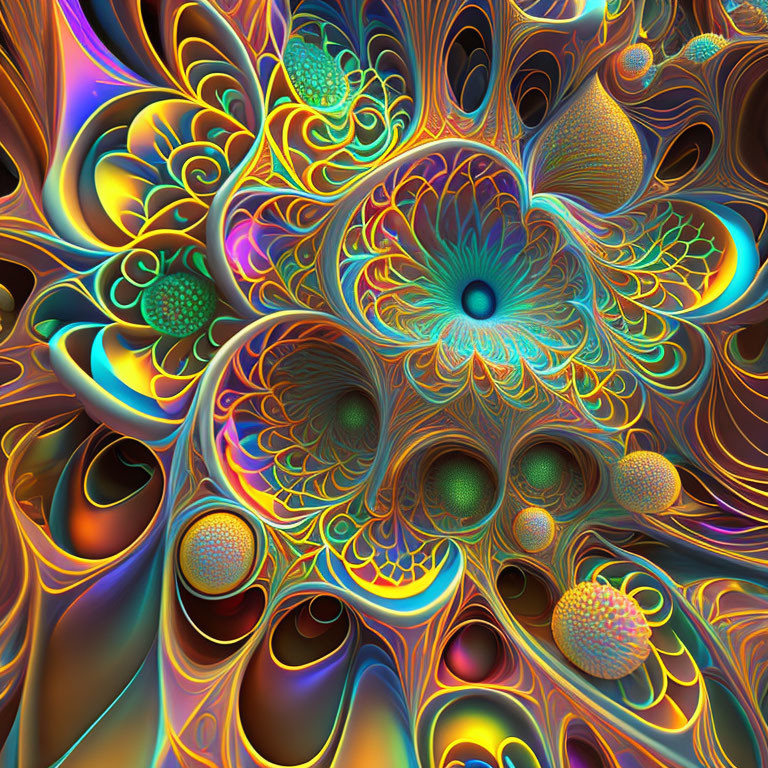 Colorful Psychedelic Fractal Pattern with Spirals and Abstract Shapes