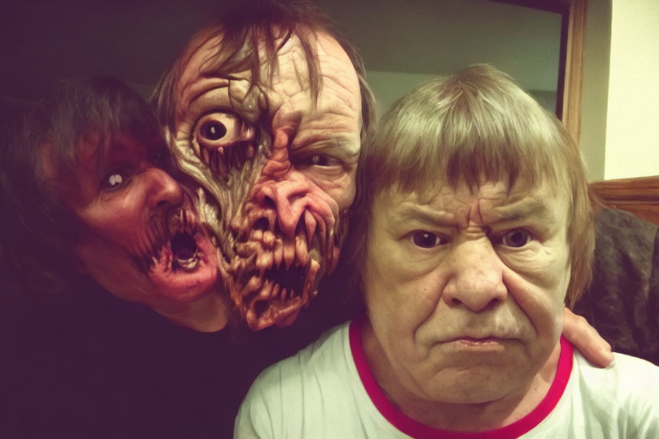 Three people in horror masks with distorted facial features posing closely.