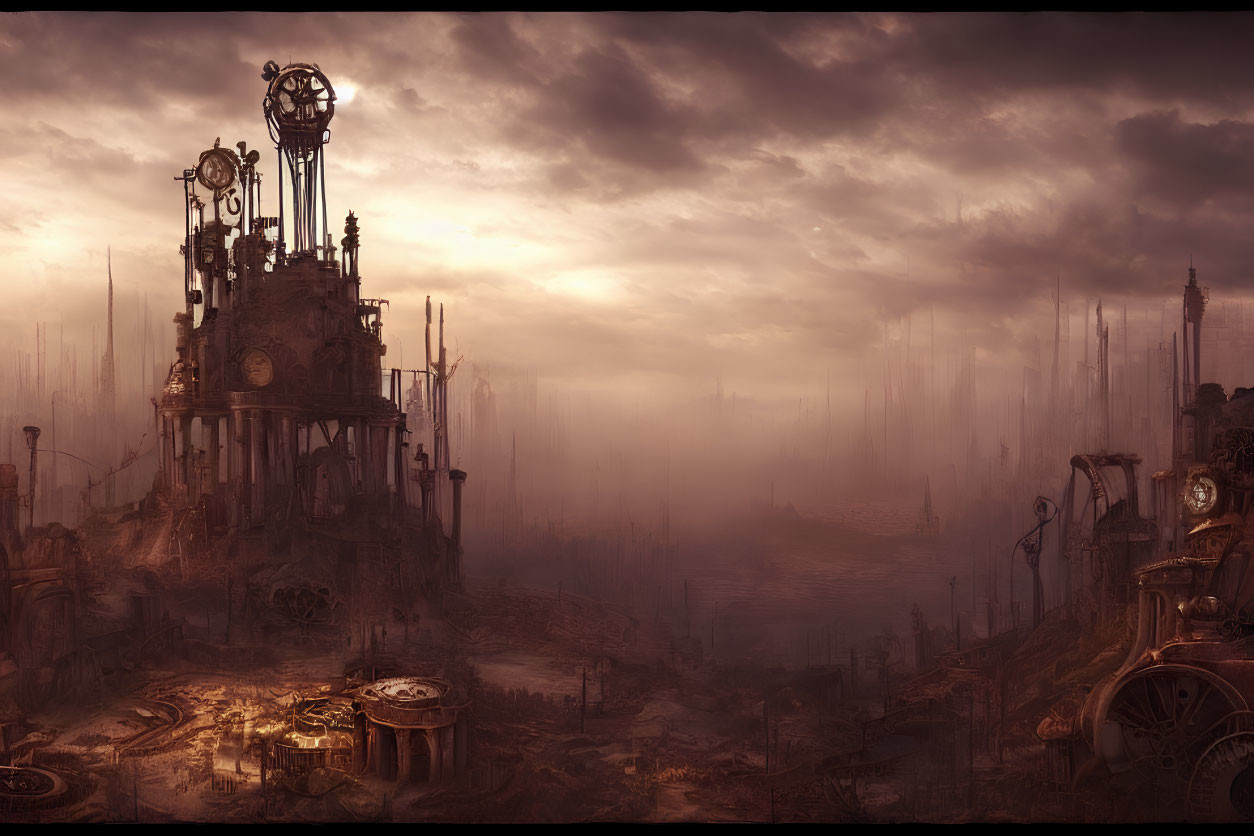 Dystopian landscape with industrial ruins and clock towers