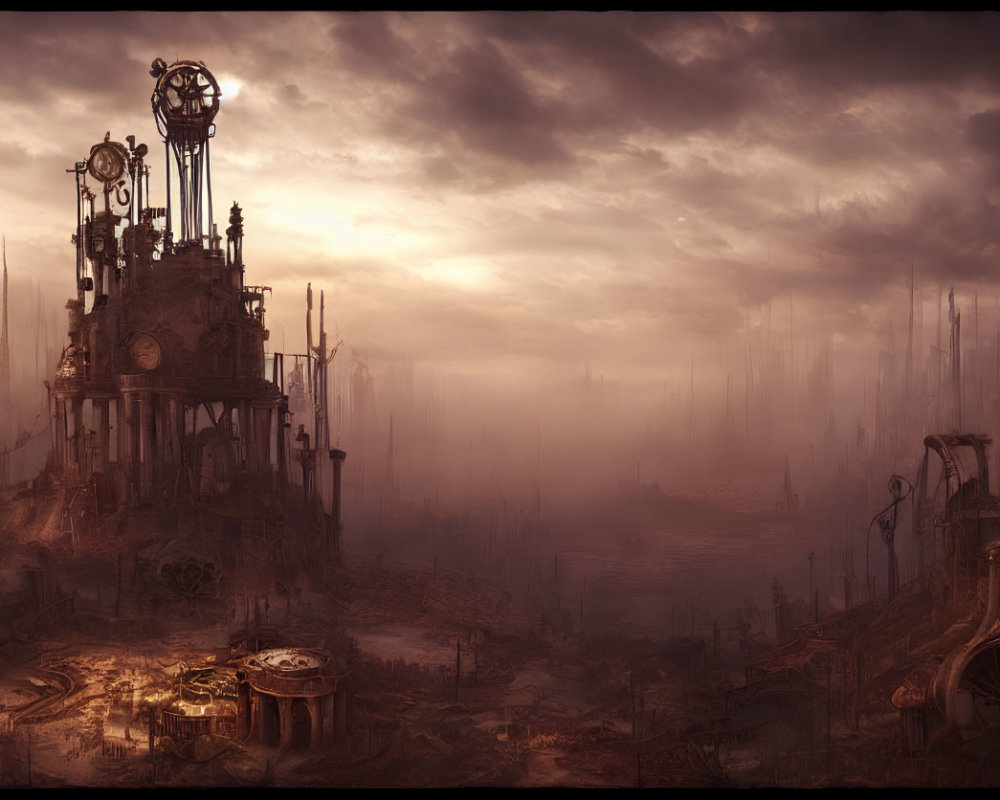 Dystopian landscape with industrial ruins and clock towers