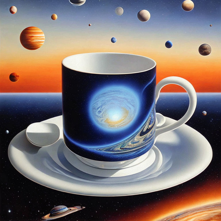Surreal artwork: coffee cup with galaxy, space backdrop, planets, spaceship