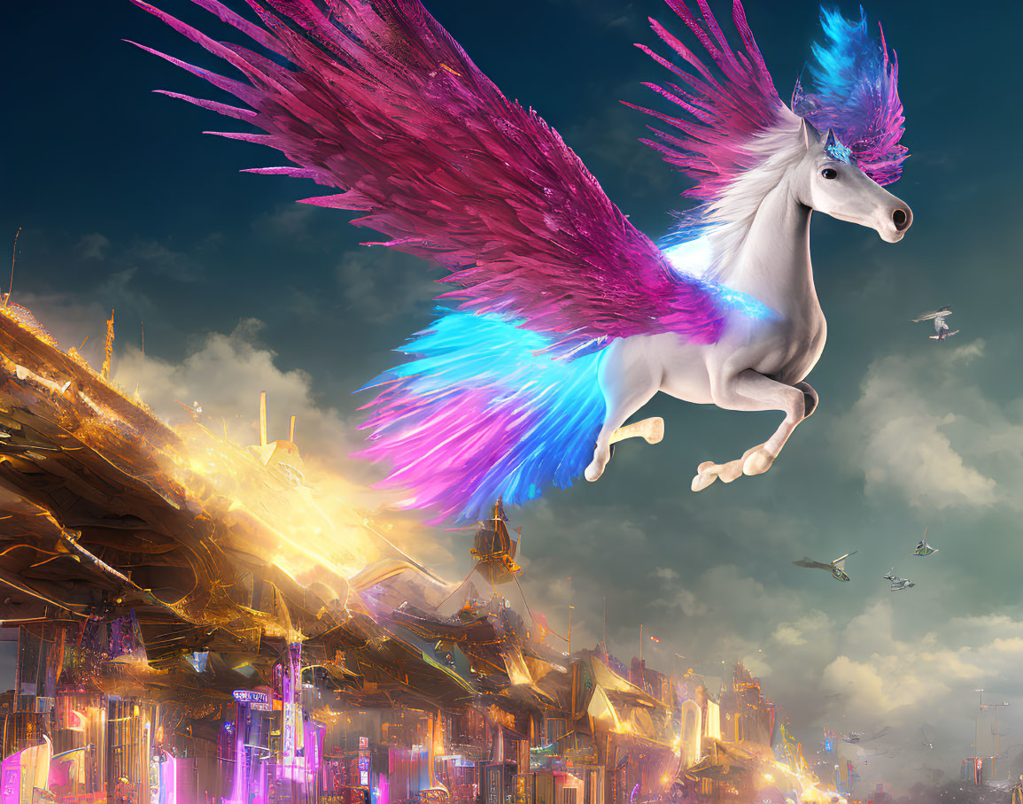 Majestic flying unicorn with pink and blue wings over futuristic cityscape
