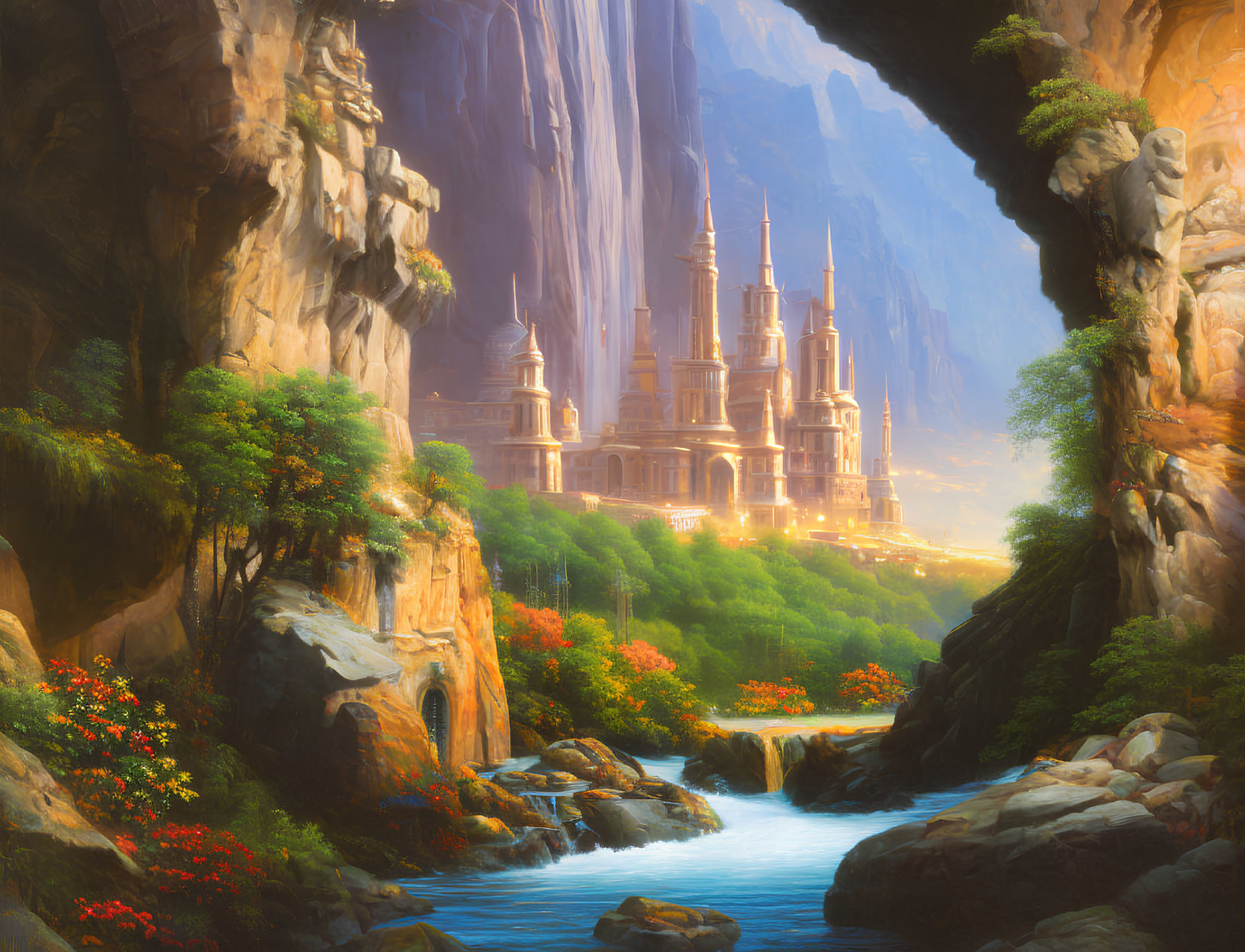 Fantasy landscape with grand castle, cliffs, waterfalls, river, cave entrance, greenery,