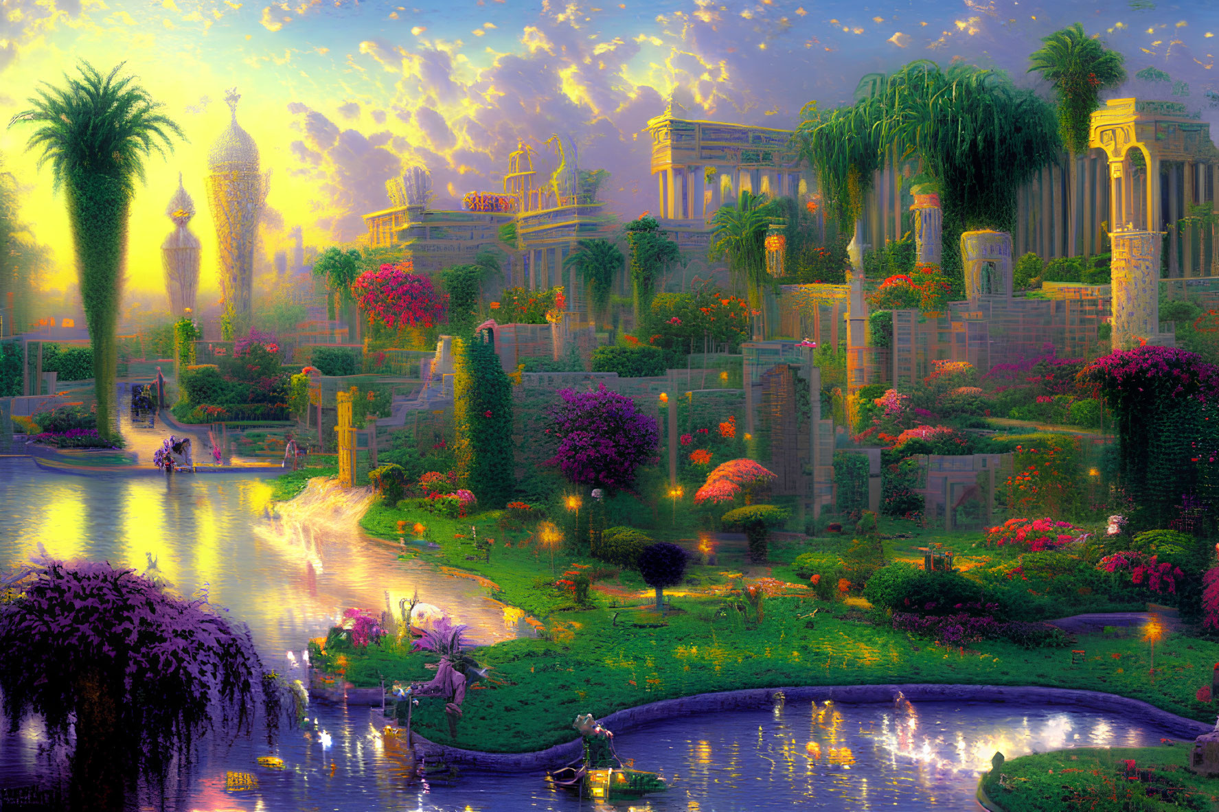 Fantastical landscape with lush gardens, rivers, and ornate structures