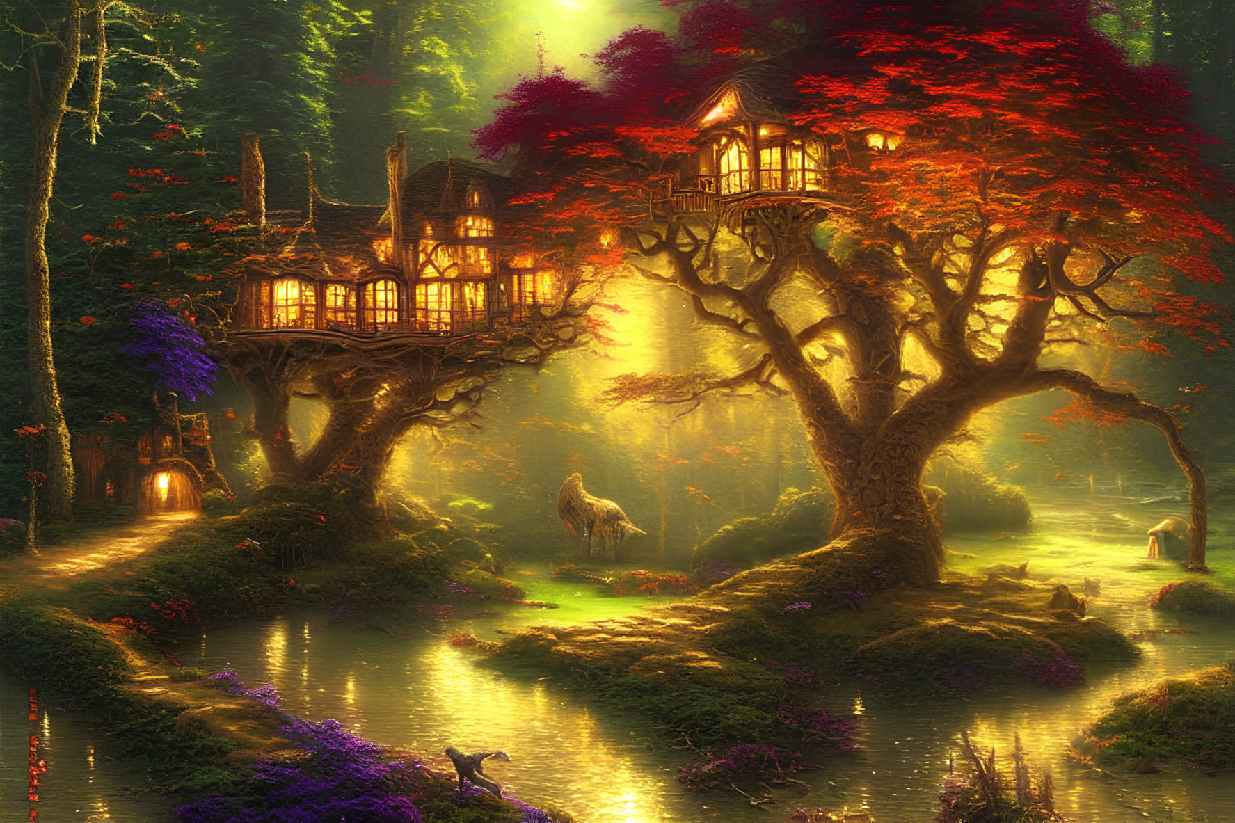 Enchanted forest fantasy illustration with cozy treehouse and unicorn