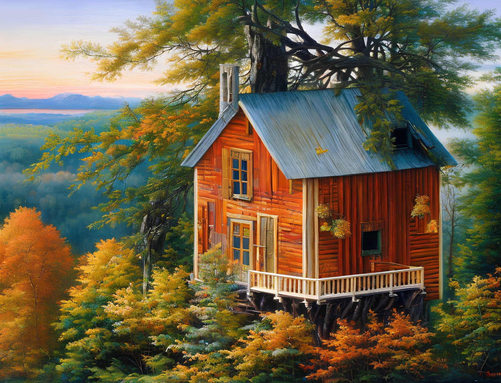 Cozy wooden cabin in autumn forest with mountain sunset