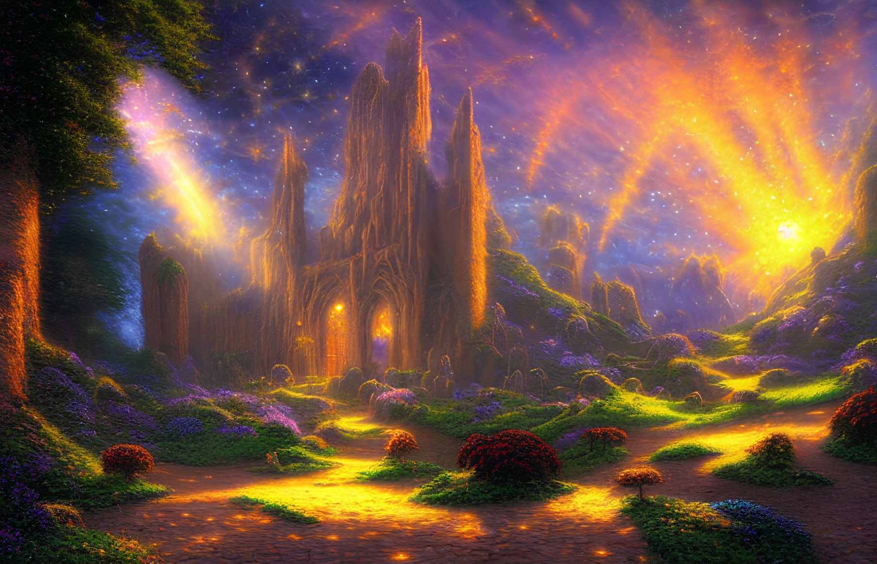 Fantastical landscape with luminous starry sky and enchanted castle path