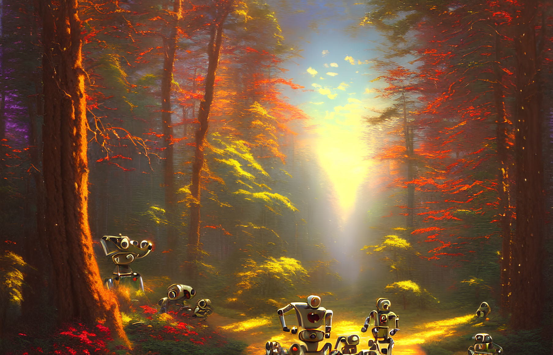 Digital art: Small robots in vibrant forest