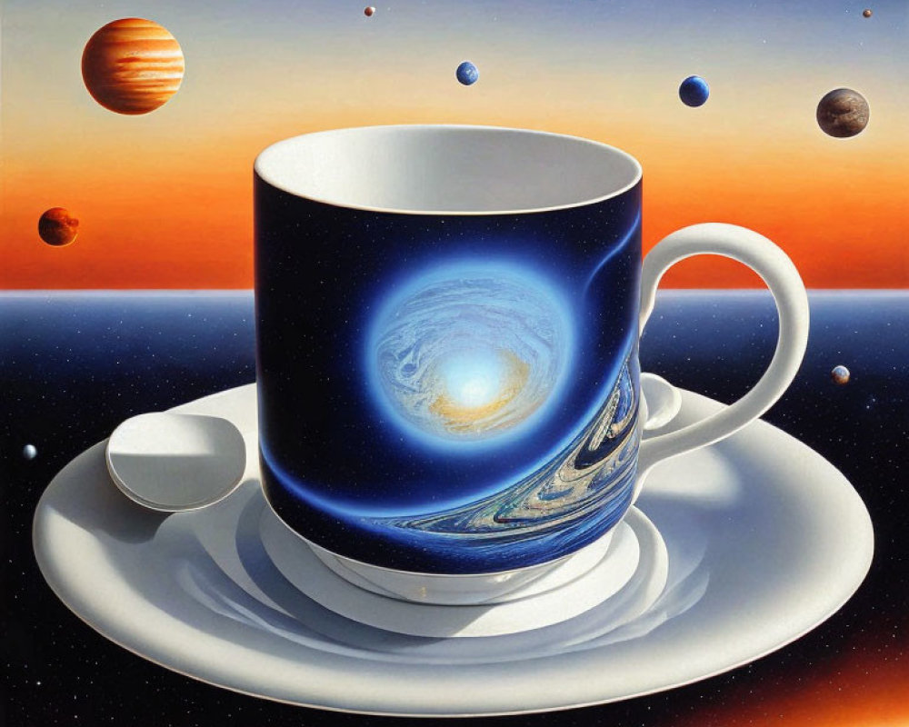 Surreal artwork: coffee cup with galaxy, space backdrop, planets, spaceship