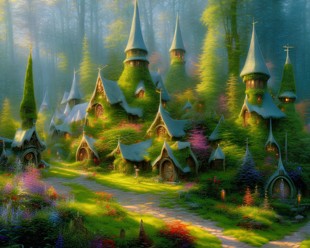 Whimsical pointed-roof houses in enchanted forest village